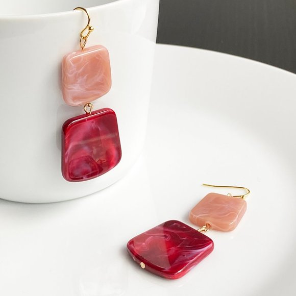 NEW "Temple" Acrylic Square Earrings (red, peach) - Picture 2 of 5